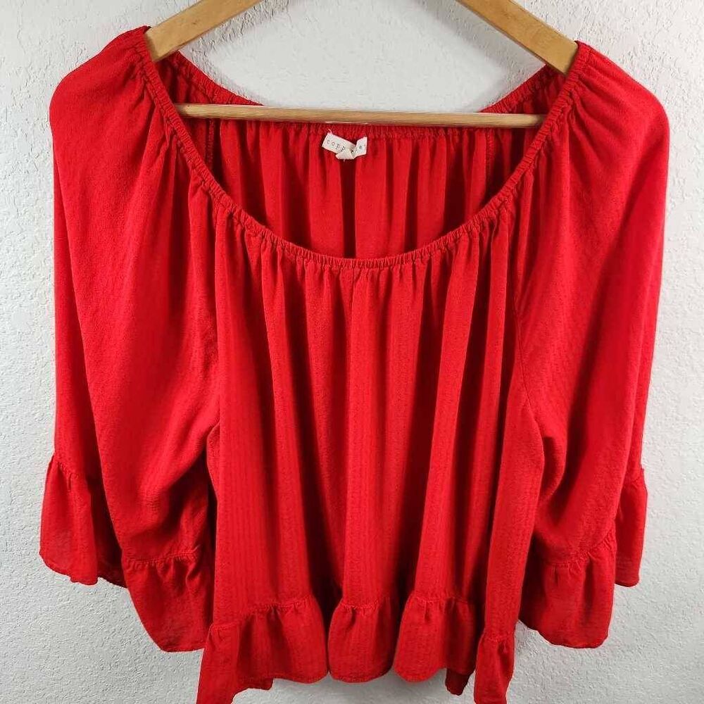 Copper Key Boho  Red Womens Blouse Long Sleeve Boat Neck Ruffles XL